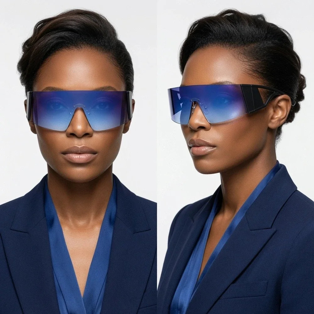 Womens Futuristic Shield Sunglasses Blue Gradient Rimless Visor Wrap Around 2026